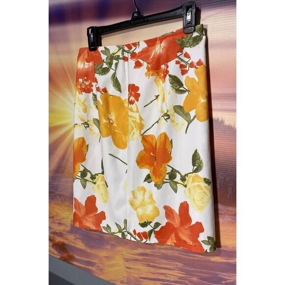 Aubrey Women's Skirt Bright Orange Yellow Floral Print Large MIDI‎ No Lining - Picture 6 of 6
